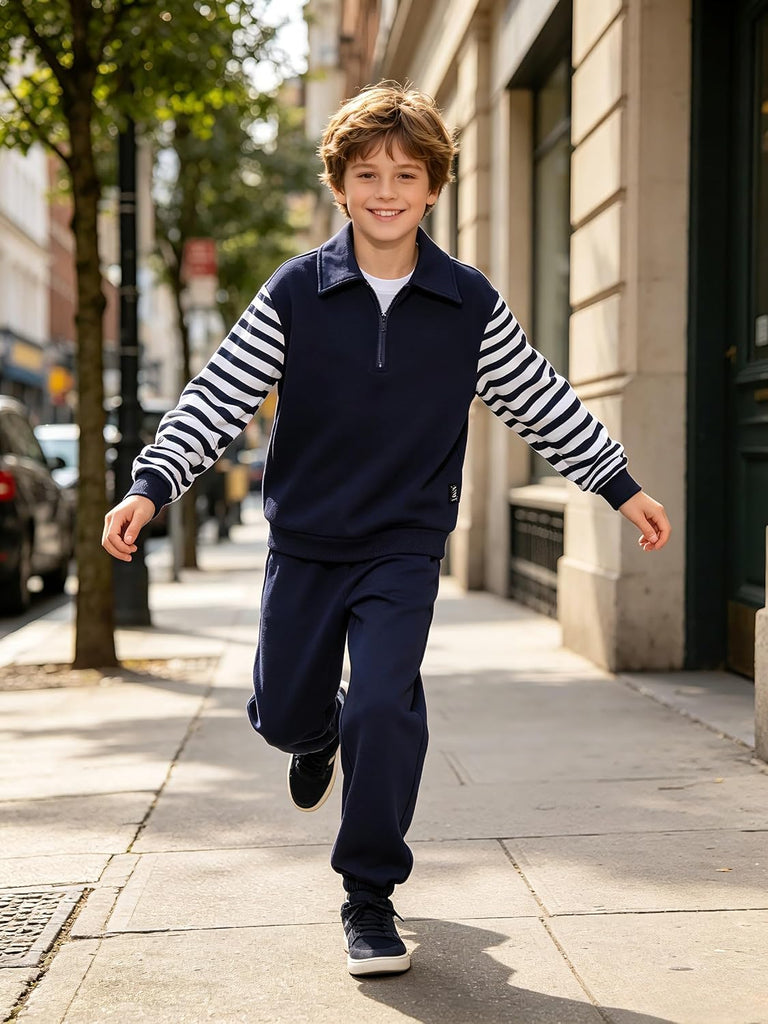 Boys Clothes Quarter Zip Striped Long Sleeve Sweatshirt & Jogger Pants 2Pcs Fall Winter Outfits Set
