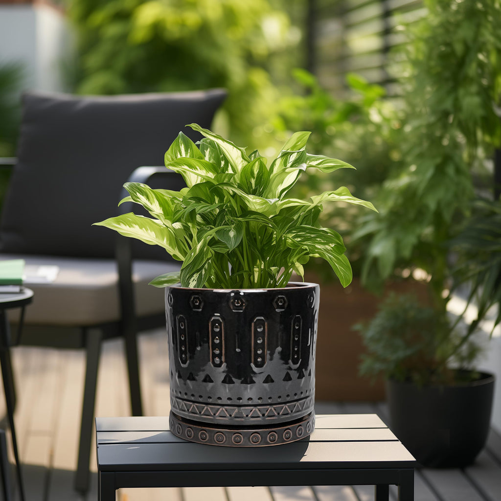 Ceramic Planter for Indoor Plants - 10 Inch Plant Pots with Drainage Hole and Saucer, Round Decorative Flower Pots