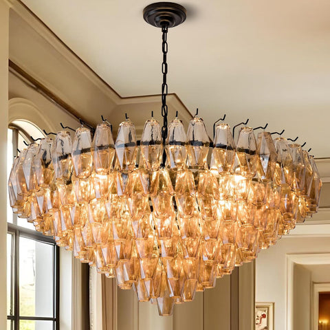 Modern Round Chandelier, 37" Extra Large Black Chandeliers for Dining Room, 14-Light with Tiered Smoke Glass Tubes Ceiling Light, Pendant Lighting Fixture for Living Room Bedroom Kitchen Island A118-B0DQLDT5XZ