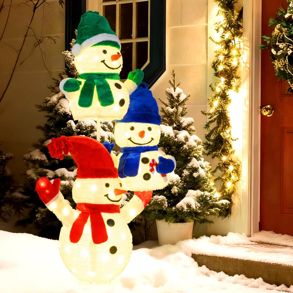5 FT Christmas Lighted 3 Stacked Snowman, 3D Xmas Light-up Snowman