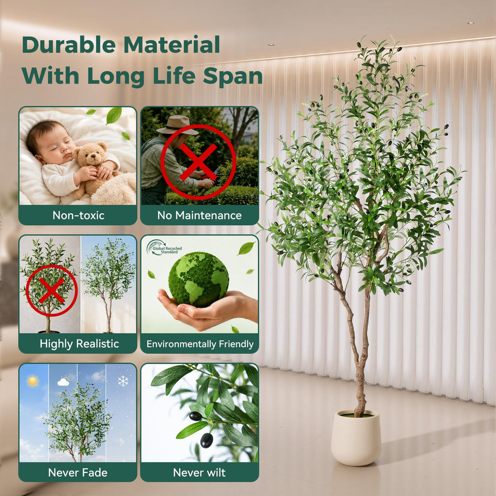7FT Faux Olive Tree with Decorative Planter, Olive Trees Artificial Indoor with Textured Trunk, Silk Leaves and Olive