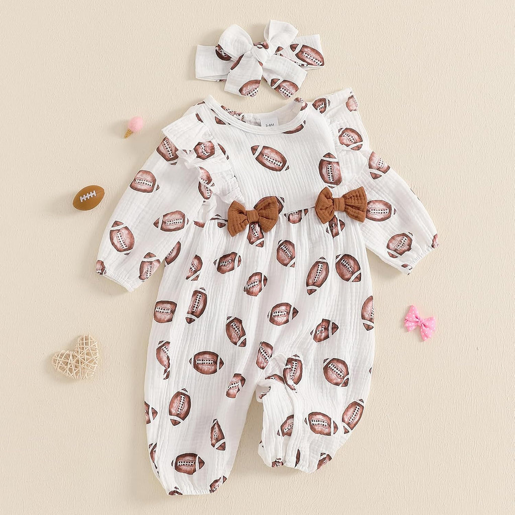 Newborn Baby Girl Football Outfit Rugby Print Ruffle Jumpsuit Puff Sleeve Linen Romper Headband Fall Clothes
