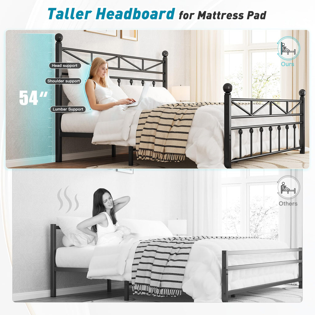 Victorian Metal Queen Size Bed Frame, Black, 54-Inch Tall Headboard