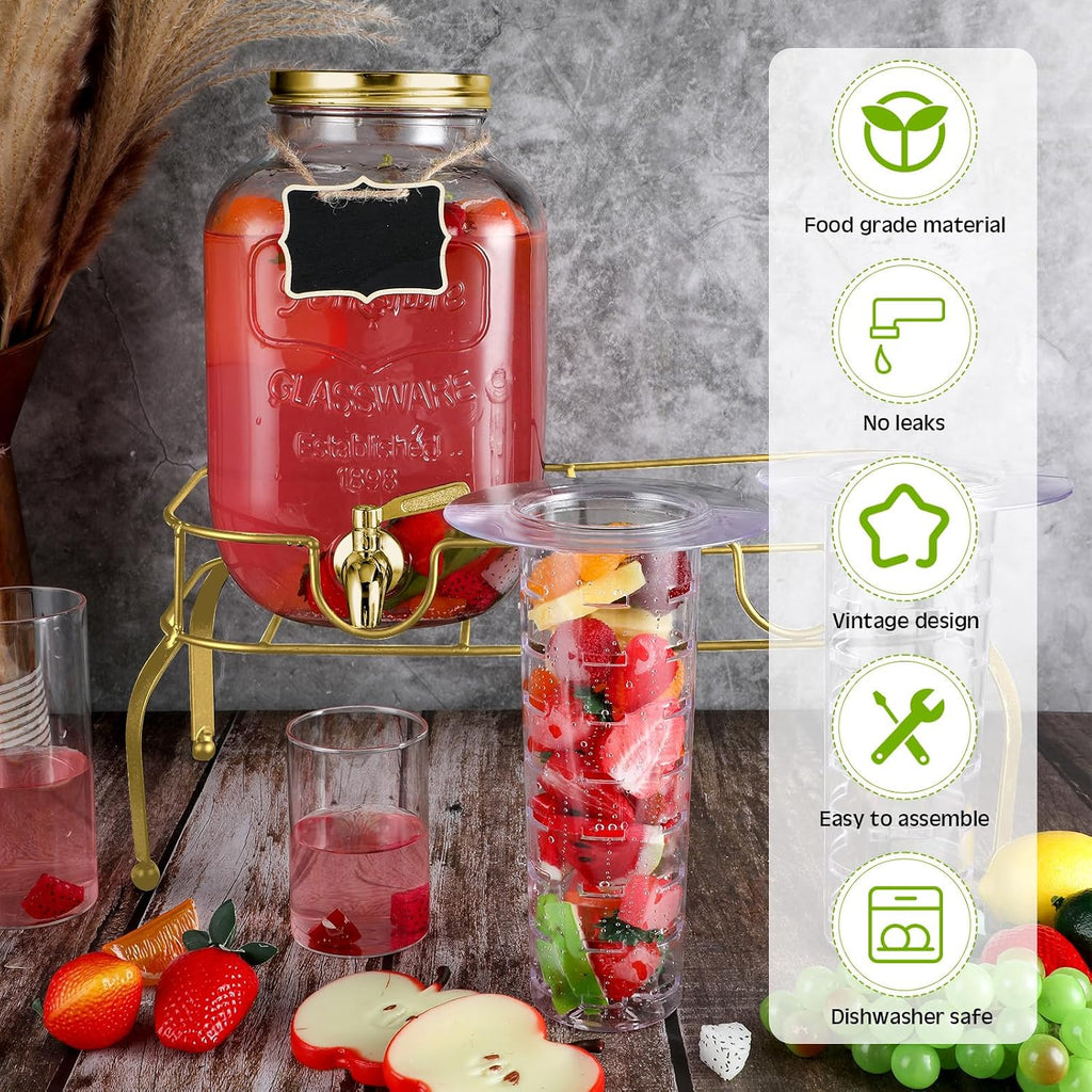 Gallon Glass Drink Dispenser with Stand Ice Cylinder Hanging Chalkboard Signs 18/8 Stainless Steel Spigot - Set of 2