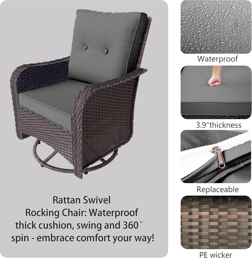 3 Piece Wicker Swivel Rocking Chair Set, Outdoor Patio Glider Chair with Glass Top Coffee Table, Conversation
