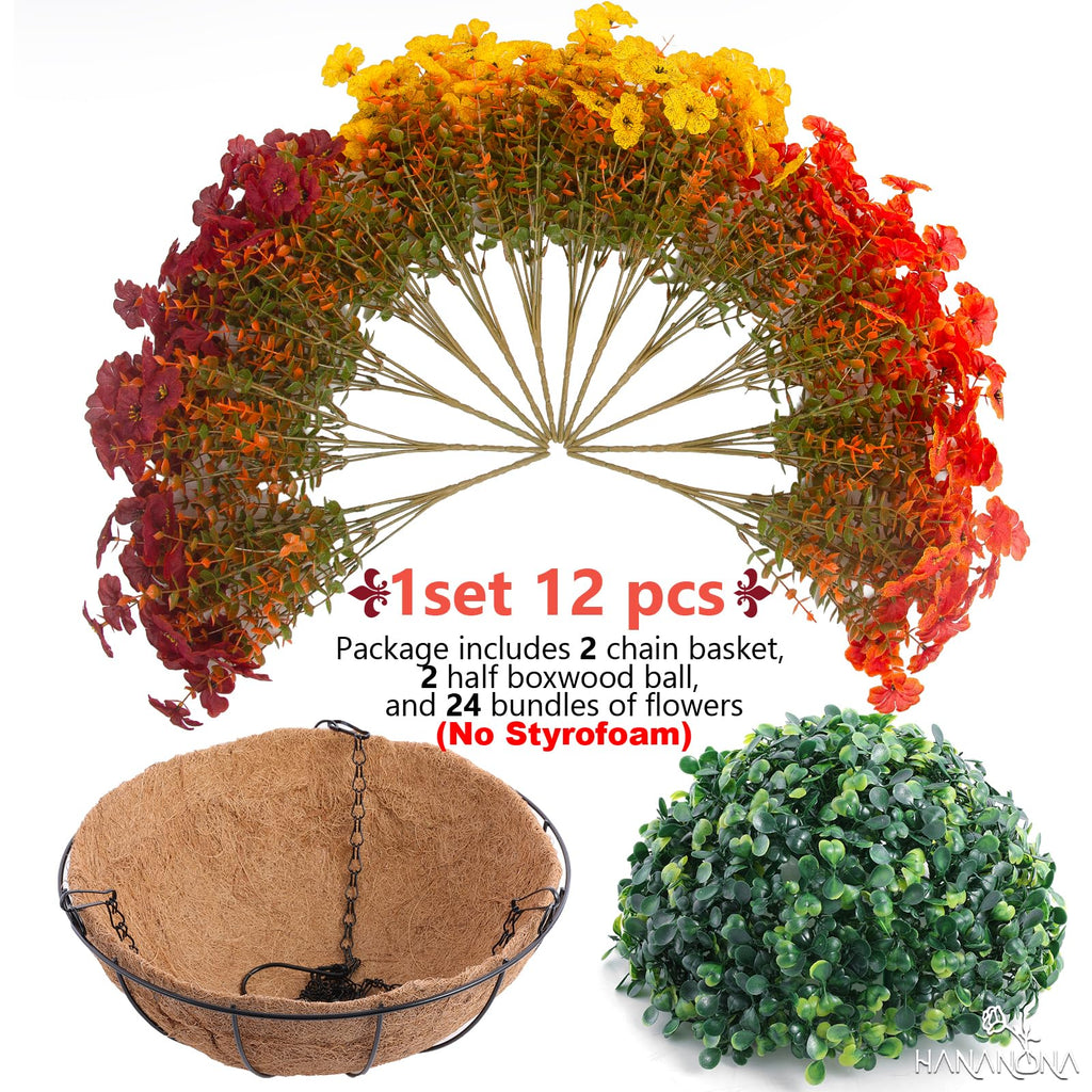 2 Set Artificial Outdoor Fall Flowers with Hanging Basket, 2 Packs Hanging Planters with 24 Pcs Faux Fall Mums for