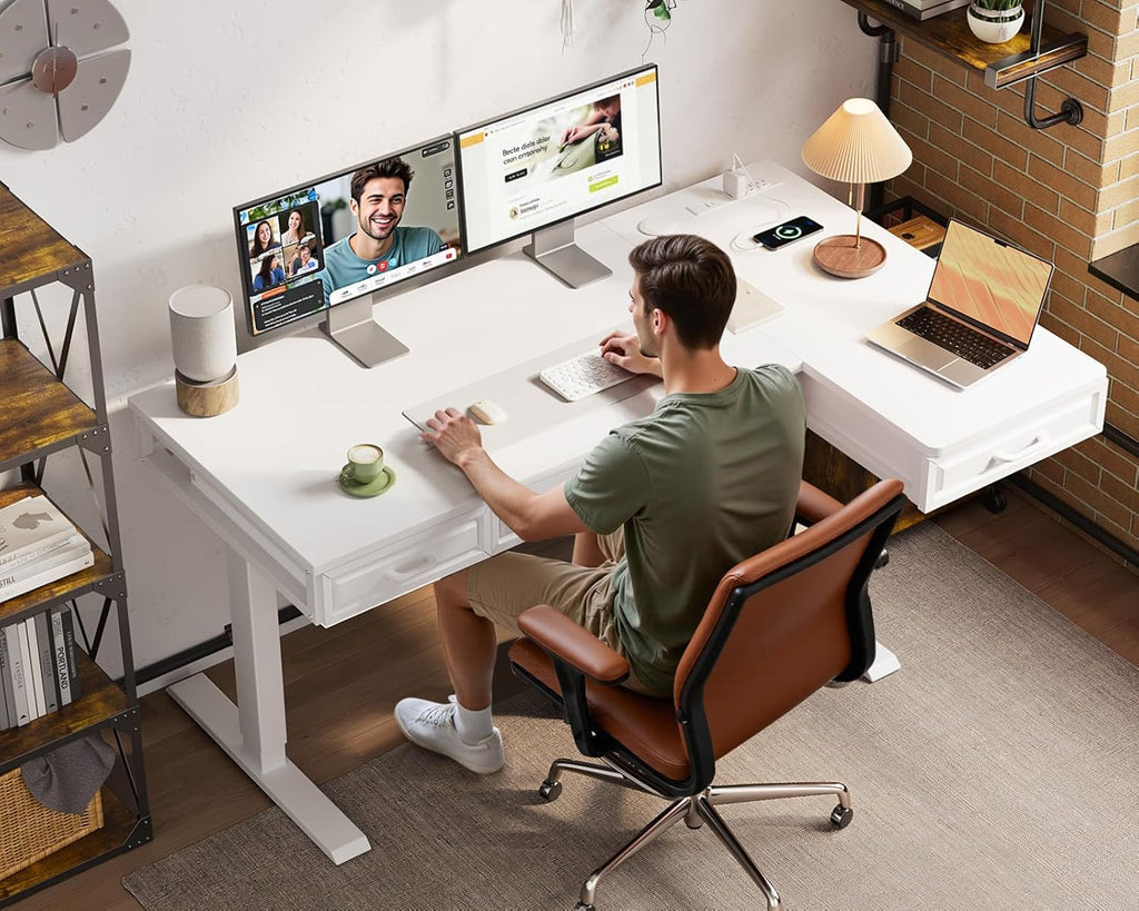 55 Inch L Shaped Standing Desk with 4 Wooden Drawers, White | Reversible Corner Table, Office Table With 4 Wooden