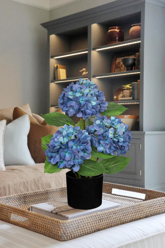 Blue Artificial in Pot Large Silk Three-Head Hydrangeas Fake Arrangements for Indoor Home Office Kitchen Table
