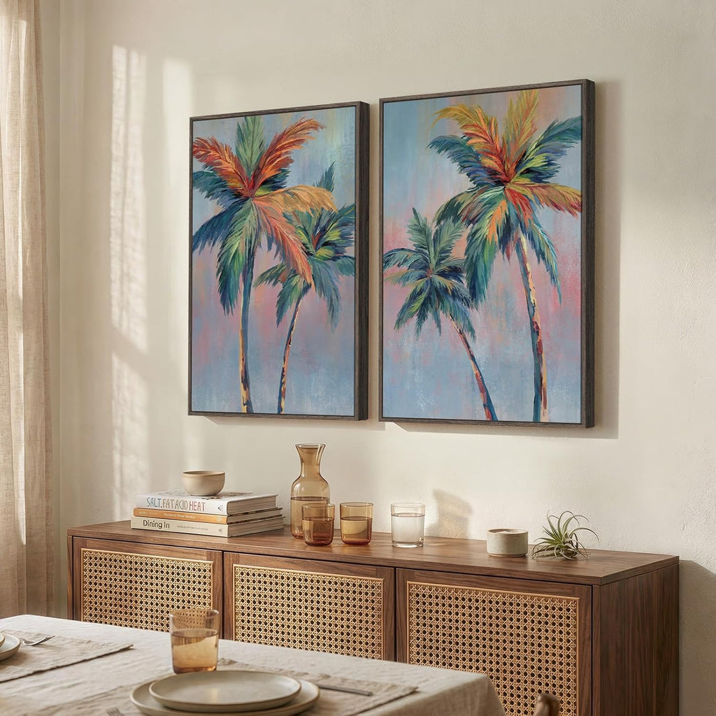 Large Framed Coastal Colorful Palm Tree Wall Art - Set of 2
