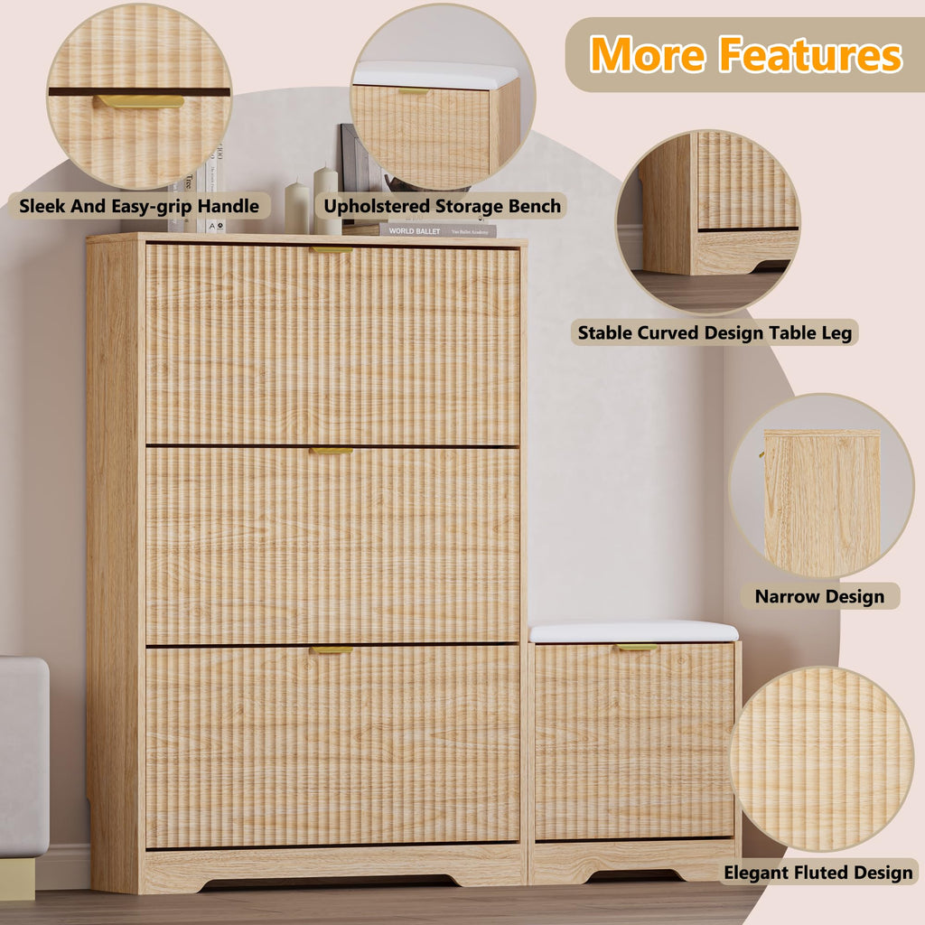 Slim Shoe Cabinet with Bench, Hidden Storage and Adjustable Shelves, Free Standing Wooden Shoes Organizer, Foyer