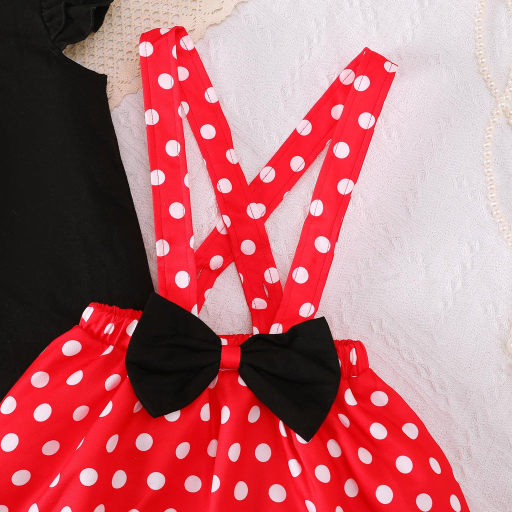 Baby Girls Skirts Set Ruffle Cloth +Polka Dot Overall Dress Bow Polka Dot Skirt Set, Short Sleeve, Black