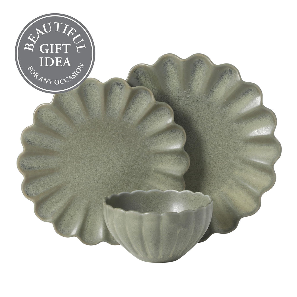 Bistro Fleur Plates and Bowls Sets, 12-Piece Stoneware Dinnerware Set for 4, Matte Green Scalloped Dish Set