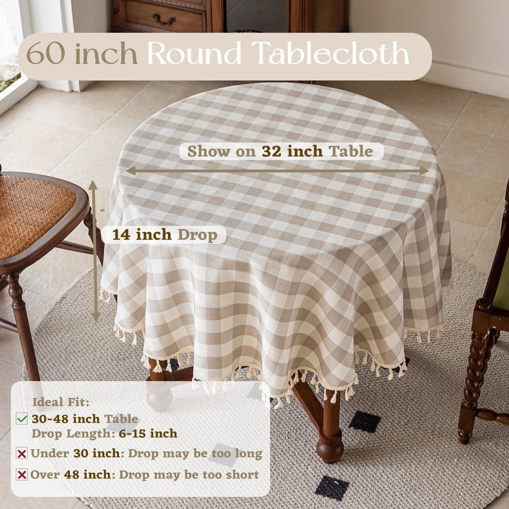 Thanksgiving Gingham Tablecloth Round 60 inch, Outdoor Washable Checkered Plaid Table Cloth Cotton Linen Fabric