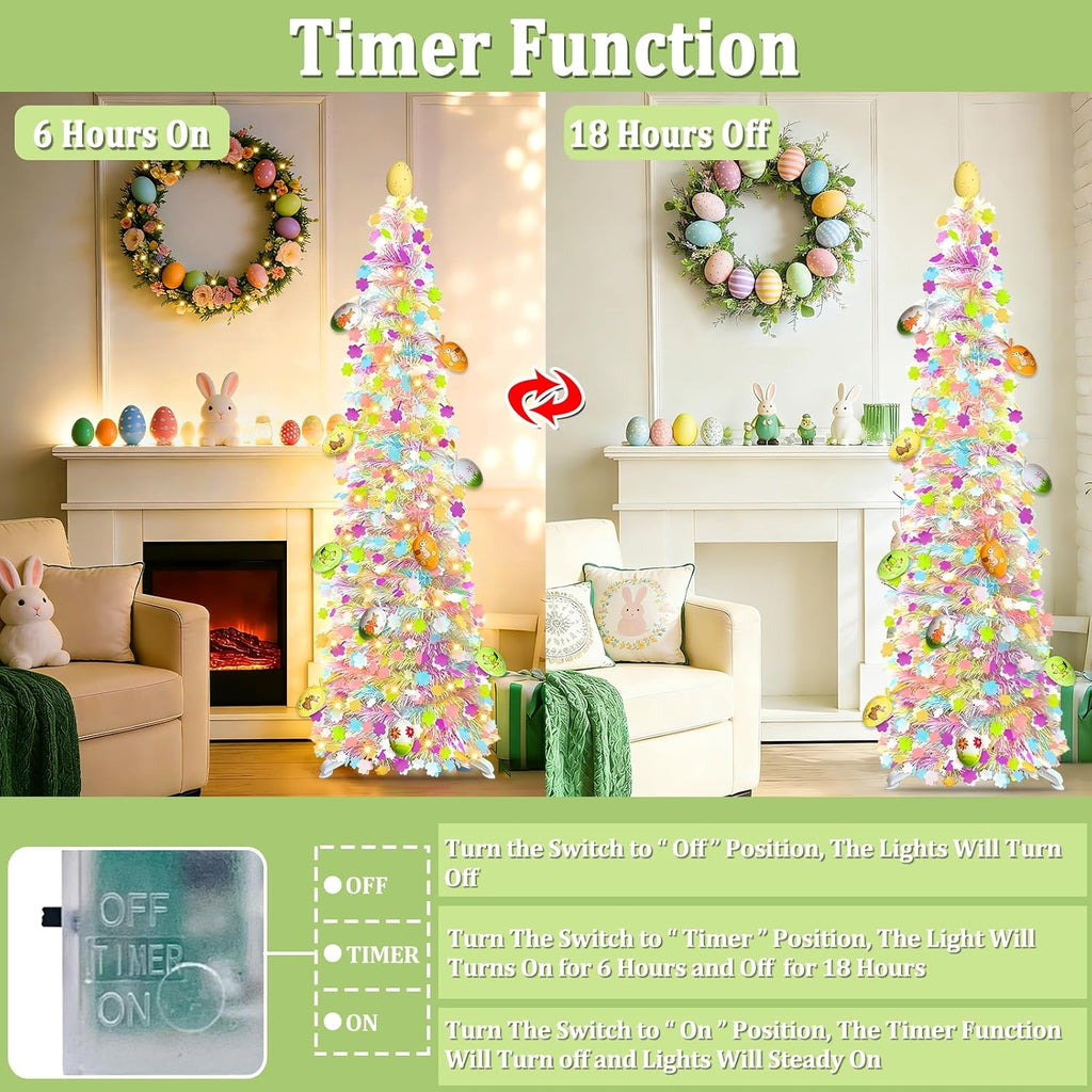 Timer - Easter Decorations, 5Ft Lighted Easter Tree with 50 LED Warm White Lights 12 Colorful Eggs Ornaments Battery