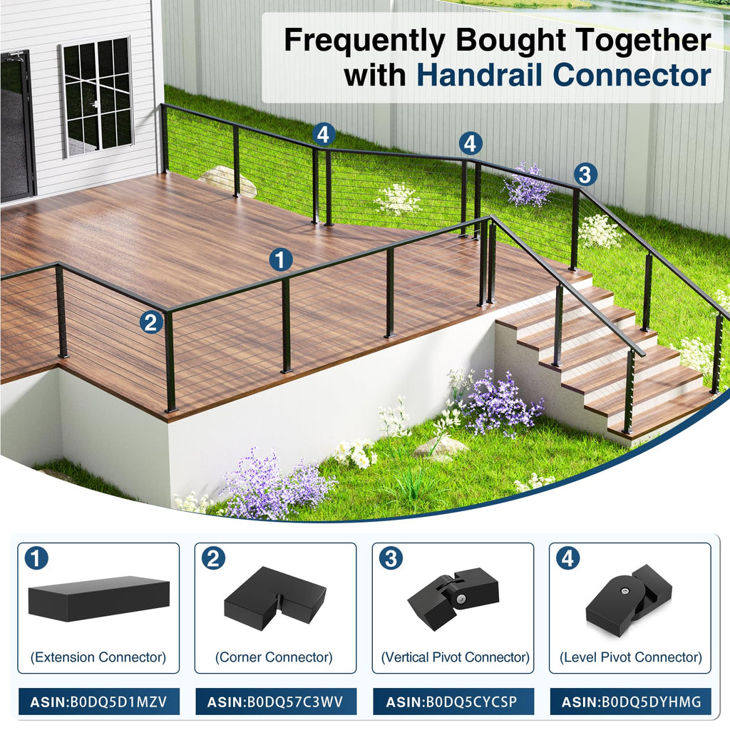 10FT Black Rectangular Handrail, 4 Pack Flat Cable Railing Handrail