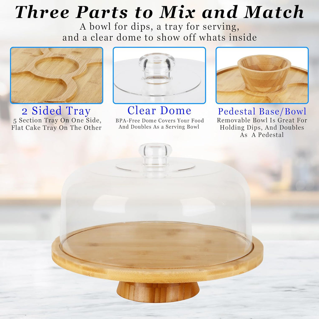 6 in 1 Large Bamboo Wood Cake Stand with Lid