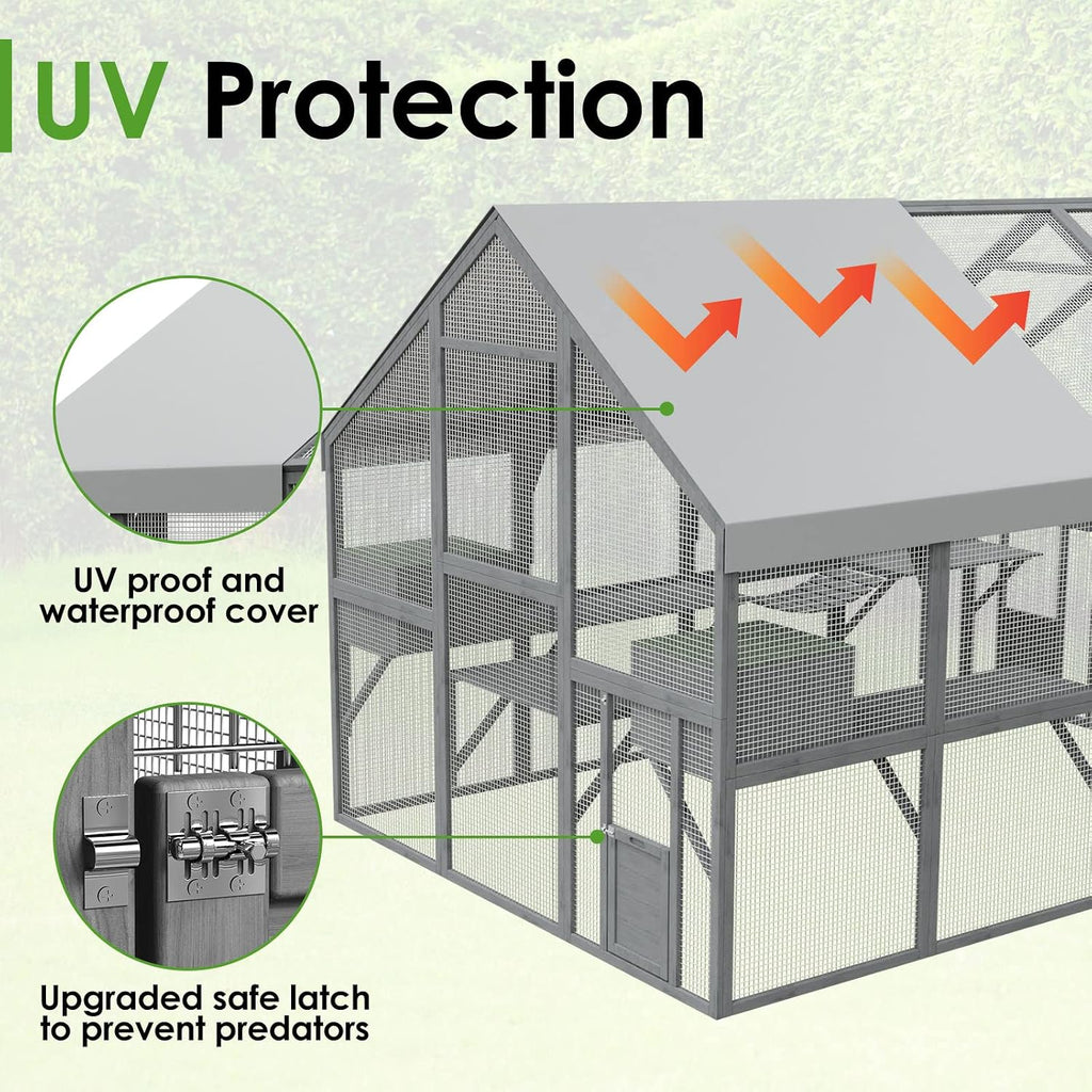 Large Wooden Outdoor Cat House, 57.2ft2 Cat Run Enclosure Walk in Catio Kitten Condo with 2 Doors, 2 Playpen & Hiding