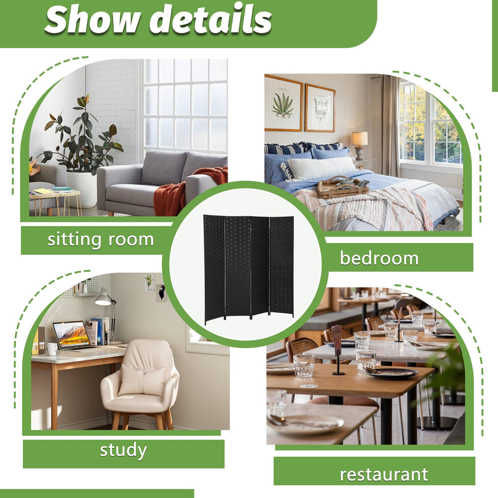4-Panel Folding Room Divider | 6ft, Coal Black | Light & Portable