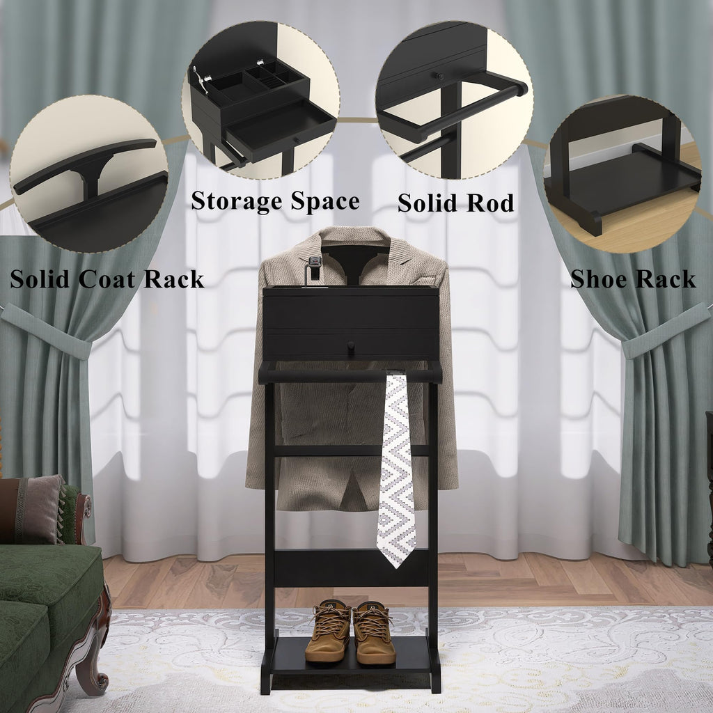 Suit Valet Stand for Men, Wood Clothes Rack with Drawer, Coat Hanger, Tray