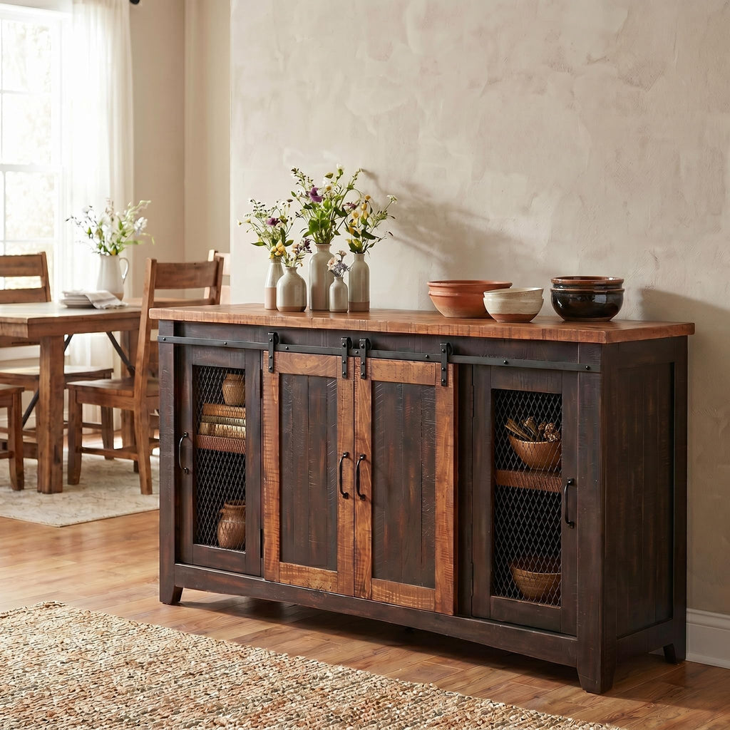 Rustic 65" Wood Entertainment Center, Black and Honey