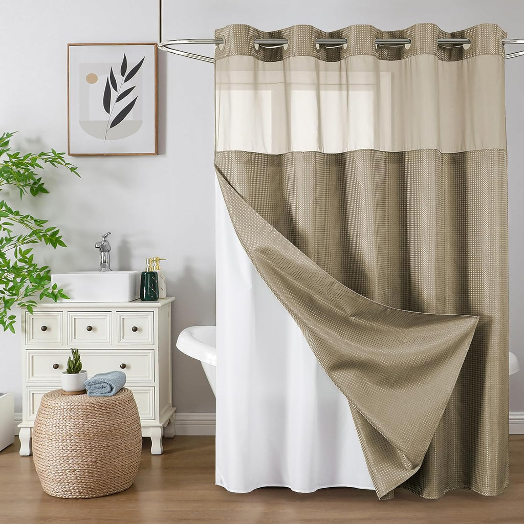 Beige No Hook Waffle Shower Curtain Set, 72" W x 75" L | Snap-In Fabric Liner, Mesh Top Window, Heavy-Duty Waffle
