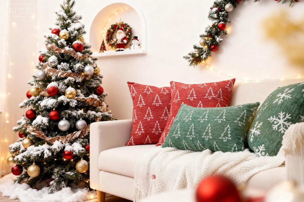 Soft Chenille Christmas Reversible Throw Pillow Covers 12x20, Holiday Double-Sided Snowflake & Tree Cushion - Set of 2