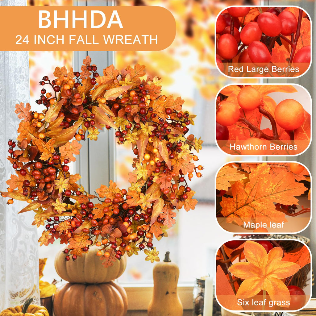 24 Inch Fall Wreath for Front Door, Berry Maple Leaf Autumn Wreaths Decor