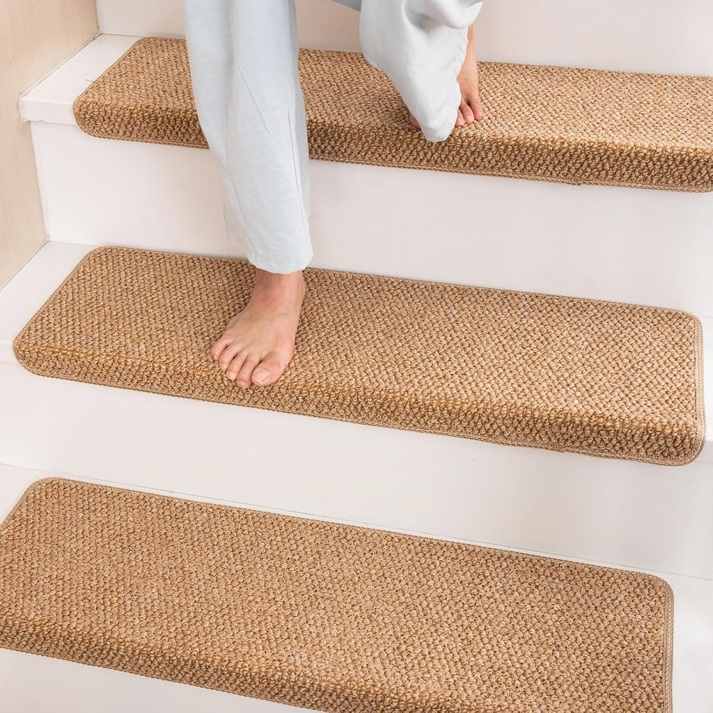 Bullnose Carpet Stair Treads Faux Sisal for Wooden Steps Indoor | Set of 14 Anti Slip Indoor Staircase Protector Rugs