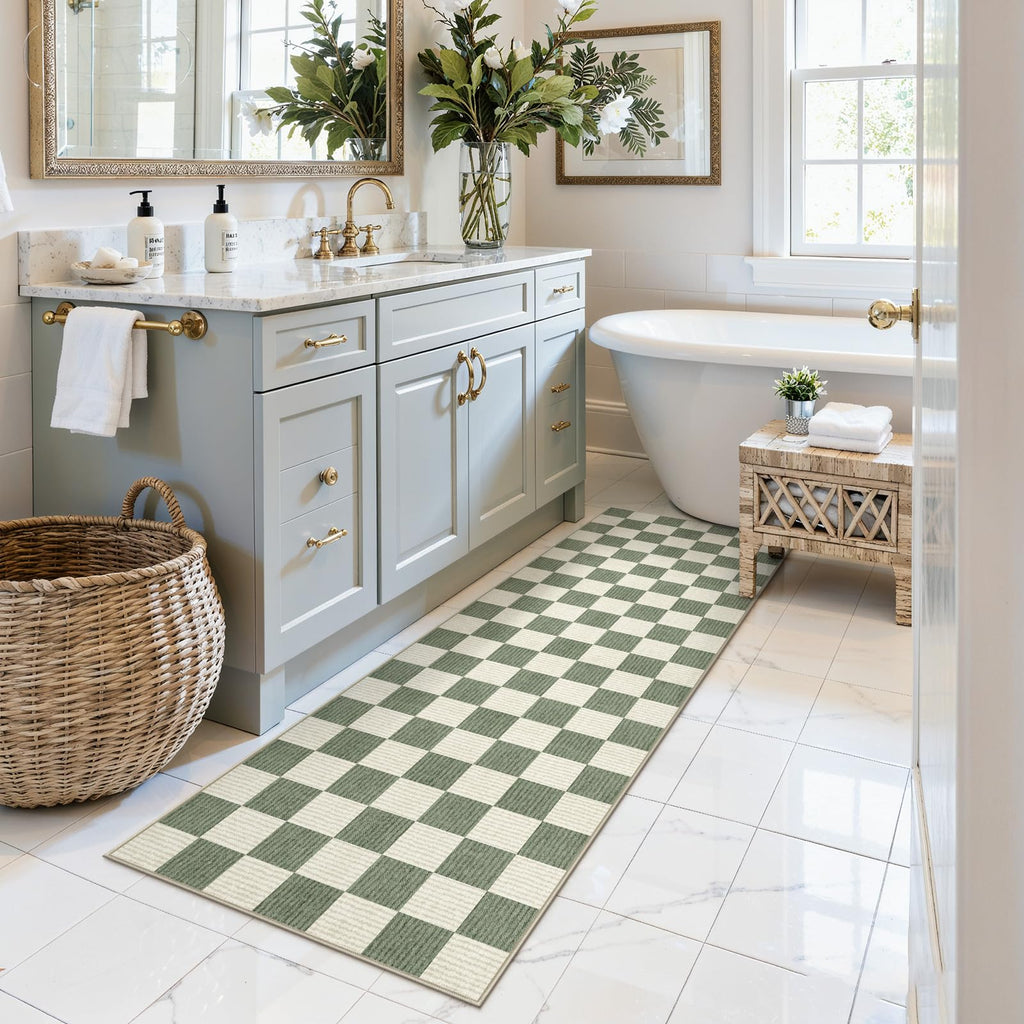 Washable Checkered Runner Rug Hallways, Green