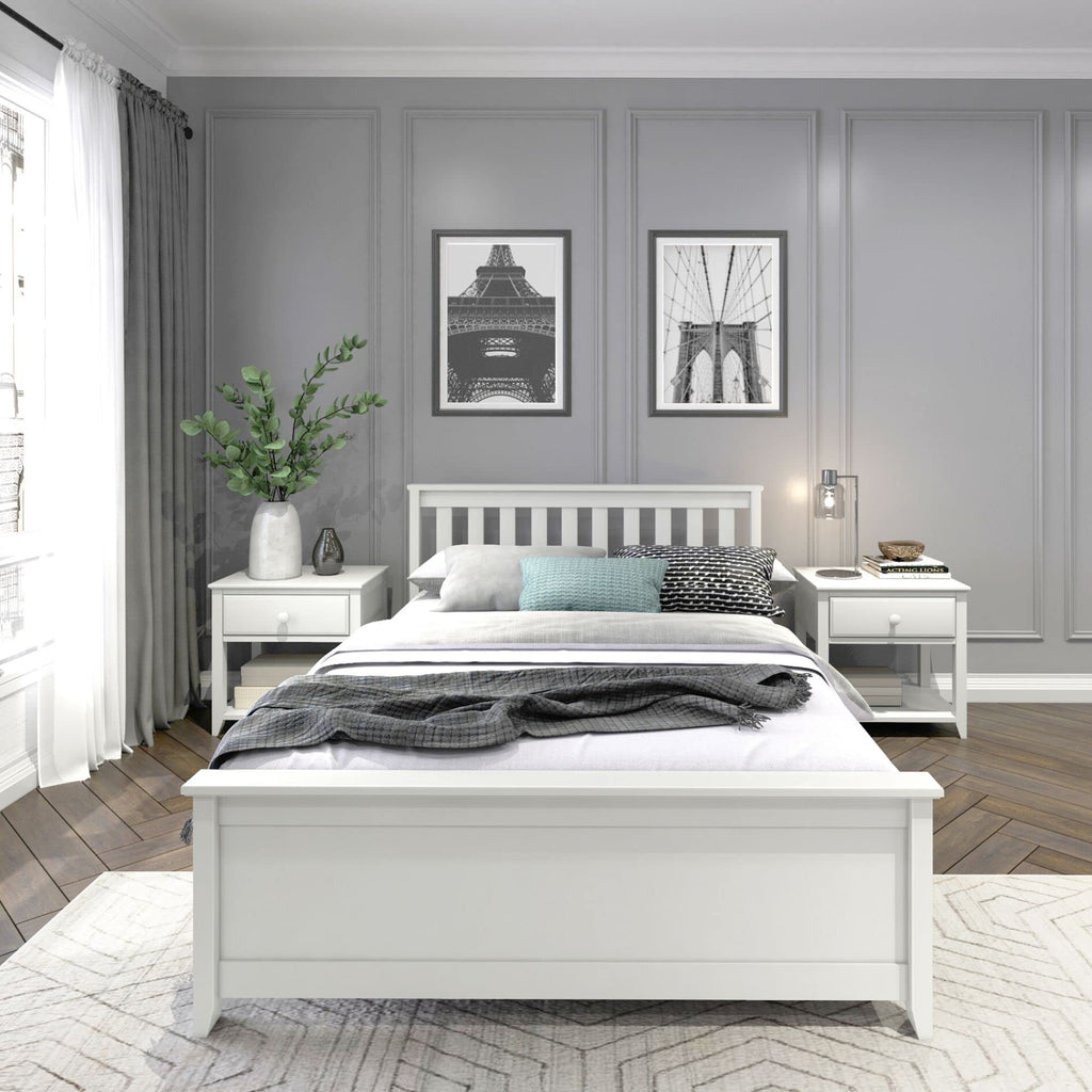 Solid Wood Bed Frame, Platform Bed with Headboard, White