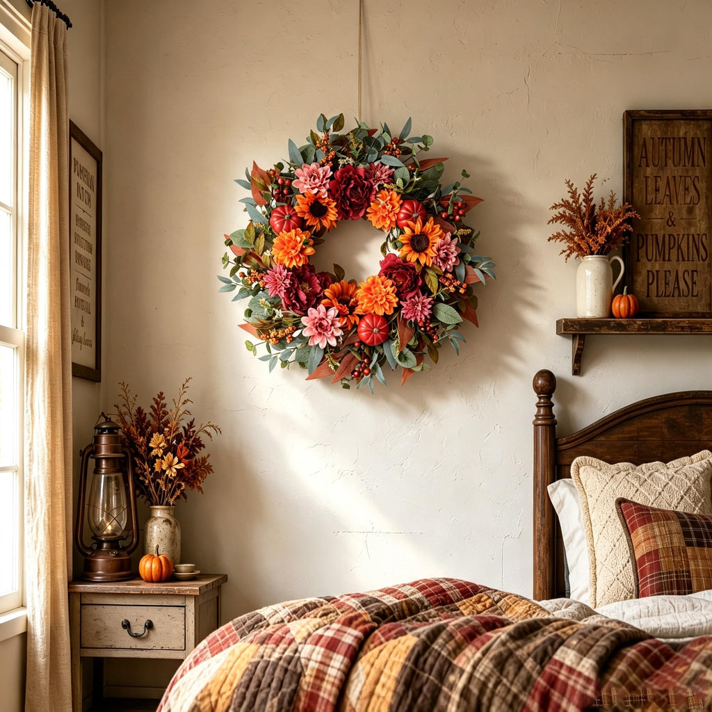 24" Fall Flower Wreath with Sunflowers Peony Pumpkins for Front Door