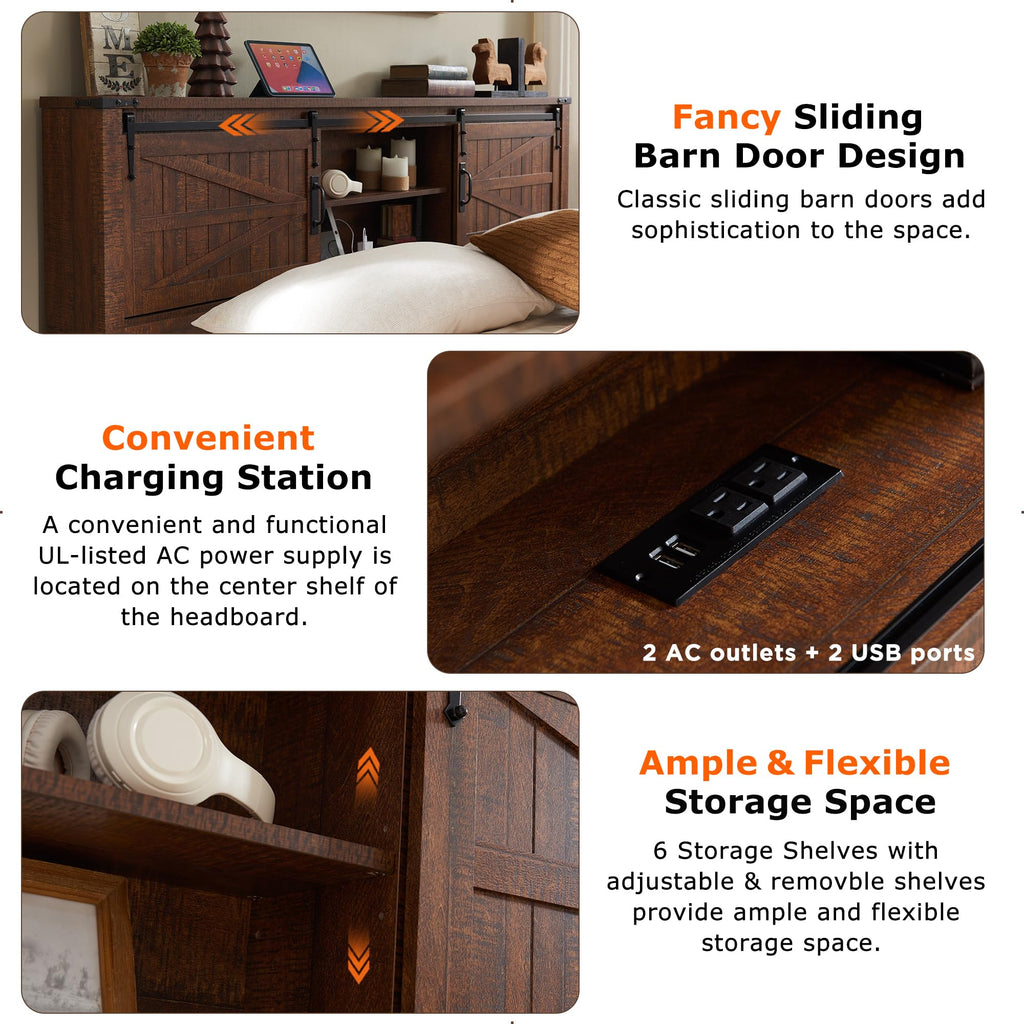 Farmhouse Queen Size Bed Frame w/Storage Bookcase Headboard, Sliding Barn Door, Charging Station, Rustic Wood