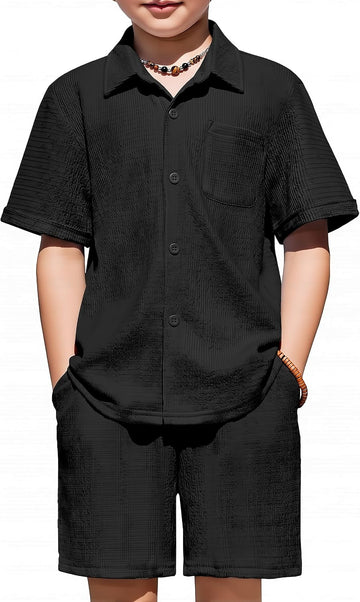 Boys 2 Pieces Summer Outfits Short Sleeve Button Down Shirts and Shorts Sets for Kids Vacation Beach Wear