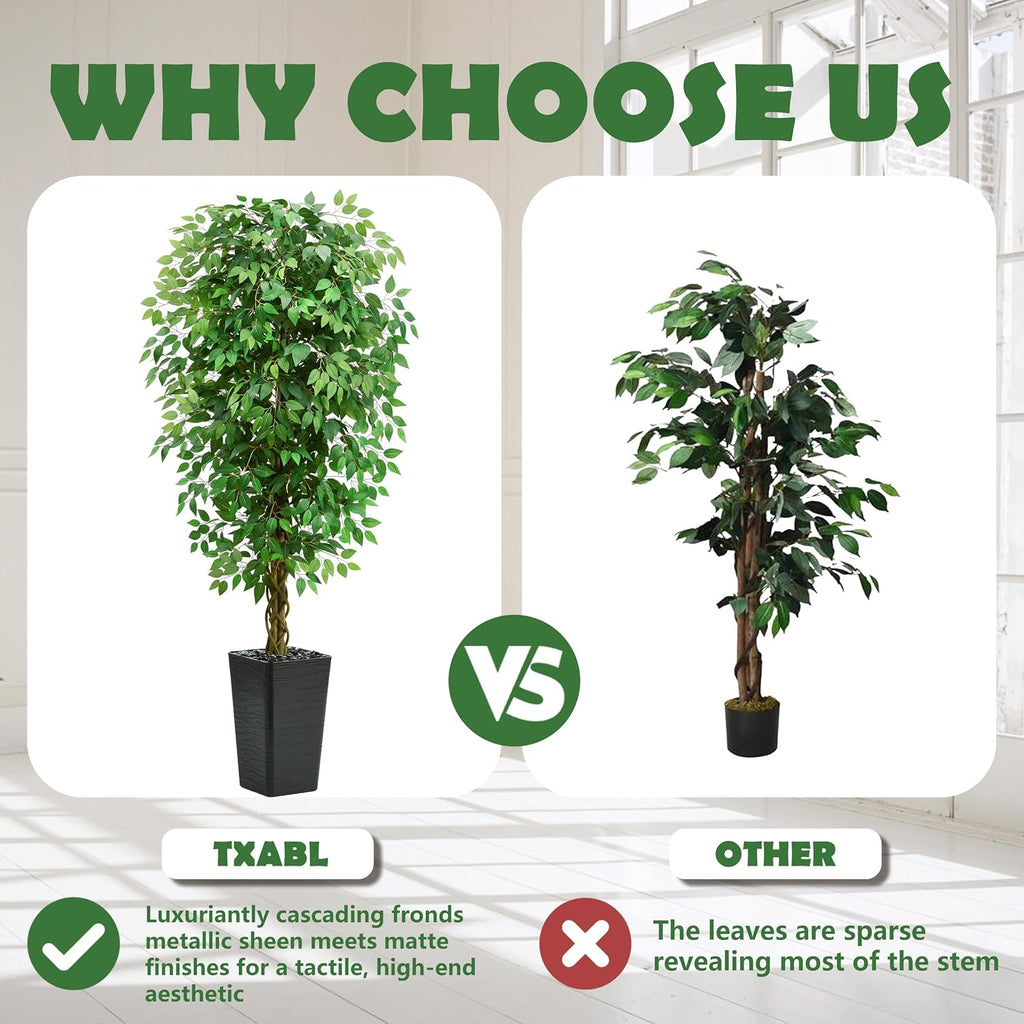7FT Artificial Ficus Tree, 84 Inch Realistic Faux Silk Ficus Floor Plant with Black Planter & Pebbles, Tall Fake