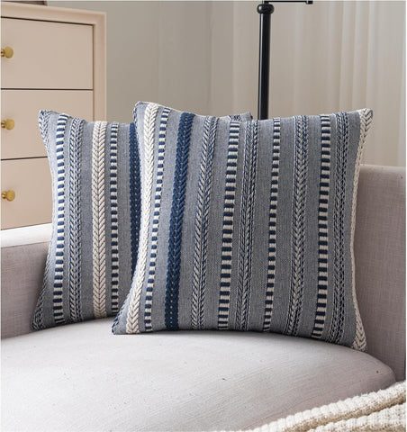 Boho Throw Pillow Covers 18x18 Inch Set of 2, Farmhouse Decorative Couch Pillow Cases, Navy Blue Accent Pillows of