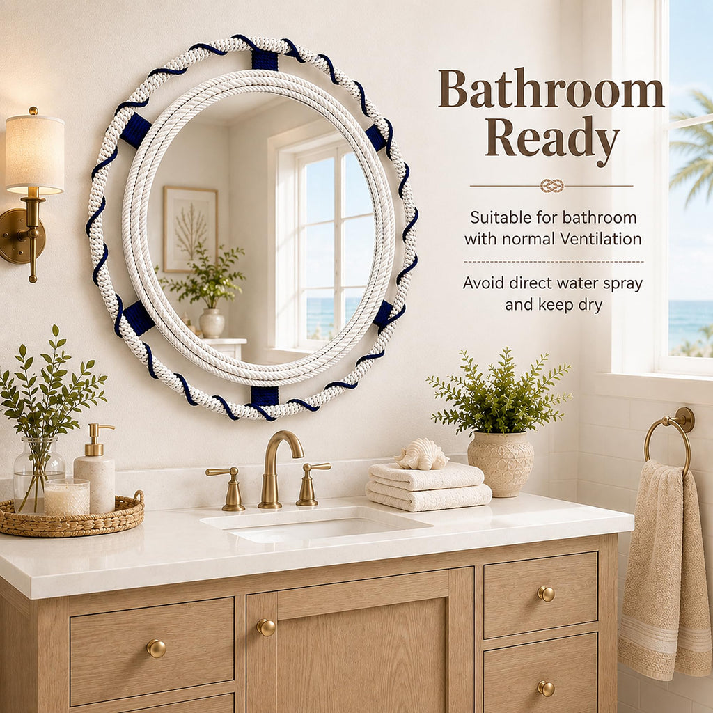 30" Round Nautical Rope Wall Mirror, Coastal White Navy Bands