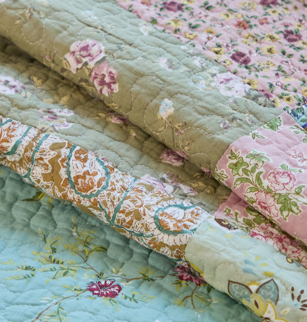 Green Patchwork Quilts Cotton Vintage Coverlet 3PC