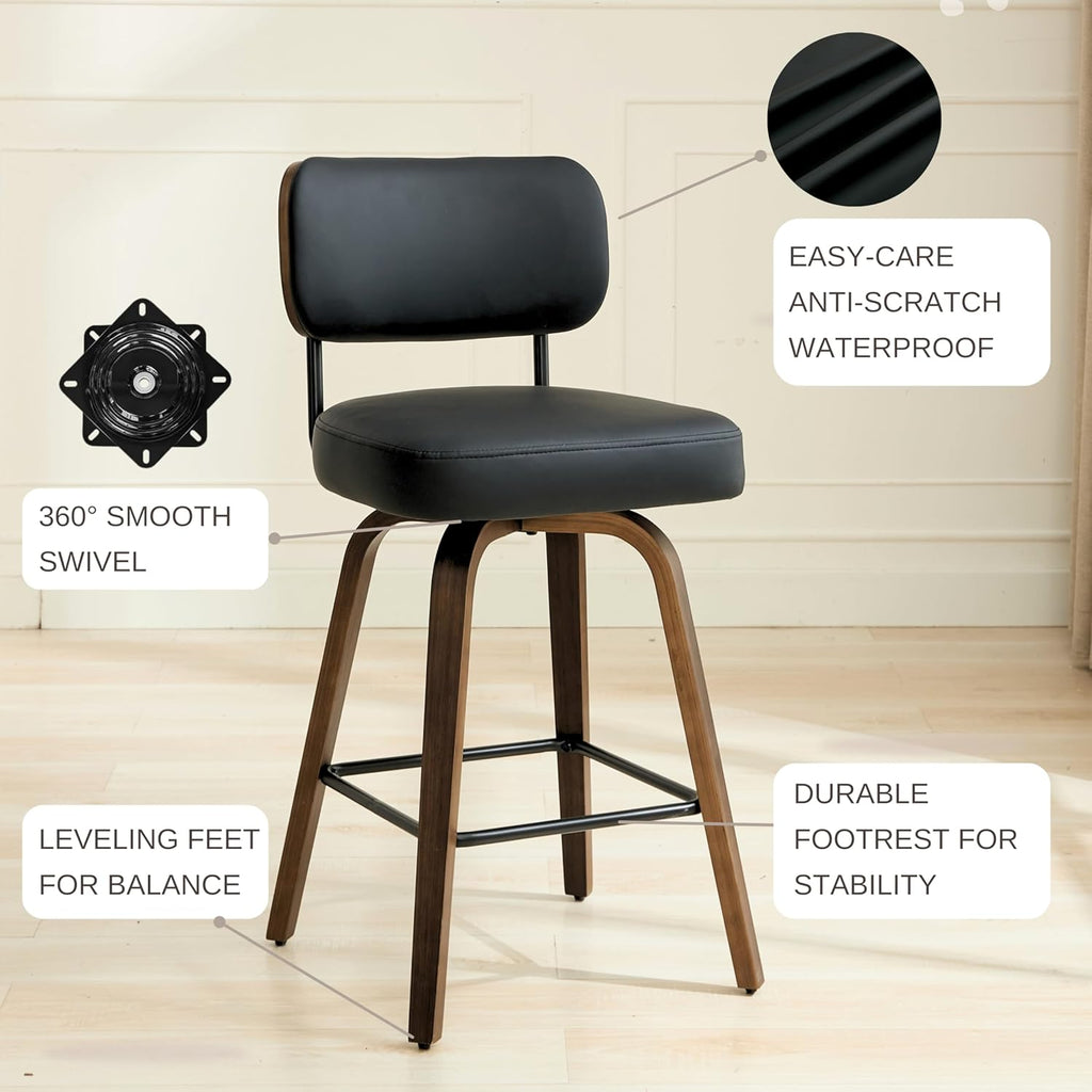 Swivel Bar Stools Set of 3, 26" Upholstered Counter Height Bar Stools with Back and Walnut Wood Legs, Faux Leather