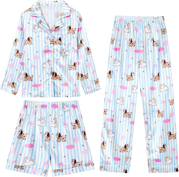 Girls Pajamas 3 Piece Satin Long Sleeve Long Pants with Shorts PJs Set for Girls Kids Sleepwear
