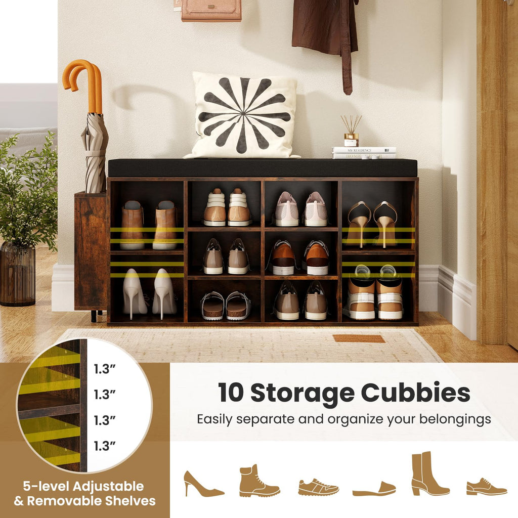 Shoe Storage Bench with Umbrella Stand, 10-Cubby Entryway Shoe Rack Organizer with Padded Seat, Adjustable &