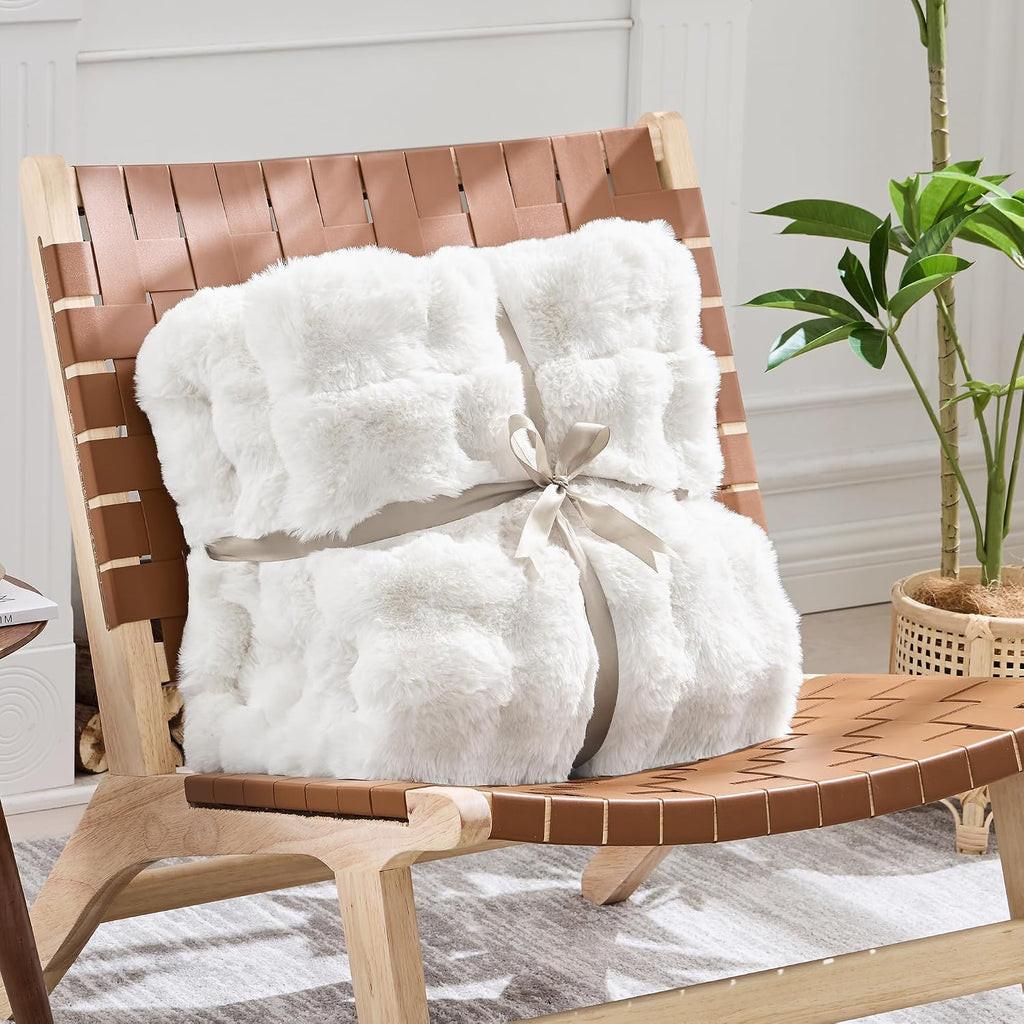 1000GSM Faux Rabbit Fur Throw Blanket, Super Heavy Warm Cozy Blankets for Couch Bed Sofa, Bubble Plush Fuzzy Elegant