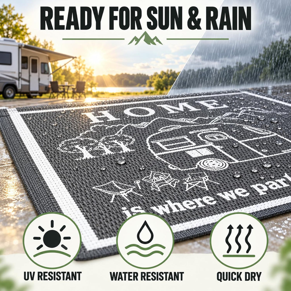 9x12 FT RV Outdoor Rug - Home is Where We Park It Reversible Camper Mat - Waterproof Plastic Straw Camping Rug with