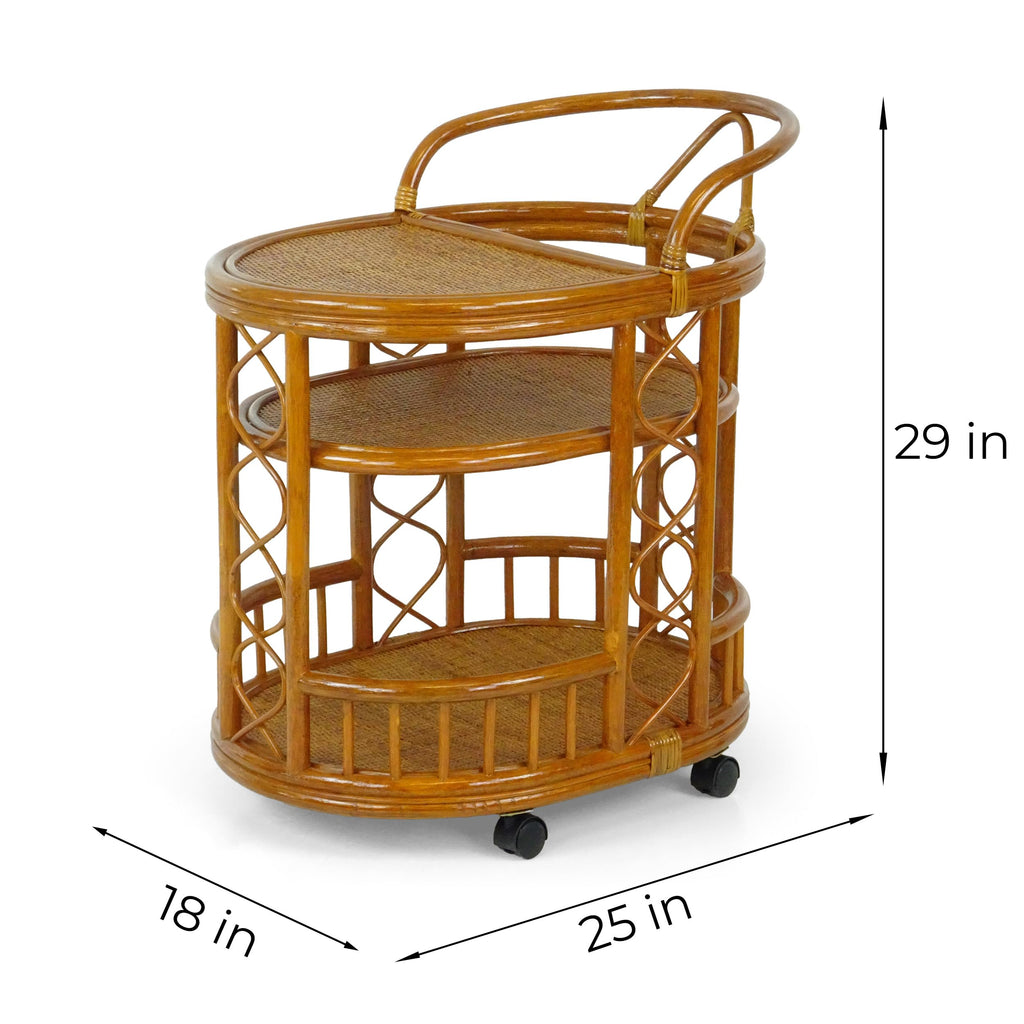 Serving Cart Handmade Woven Natural Rattan Wicker with Wheels Fully Assembled Colonial Color