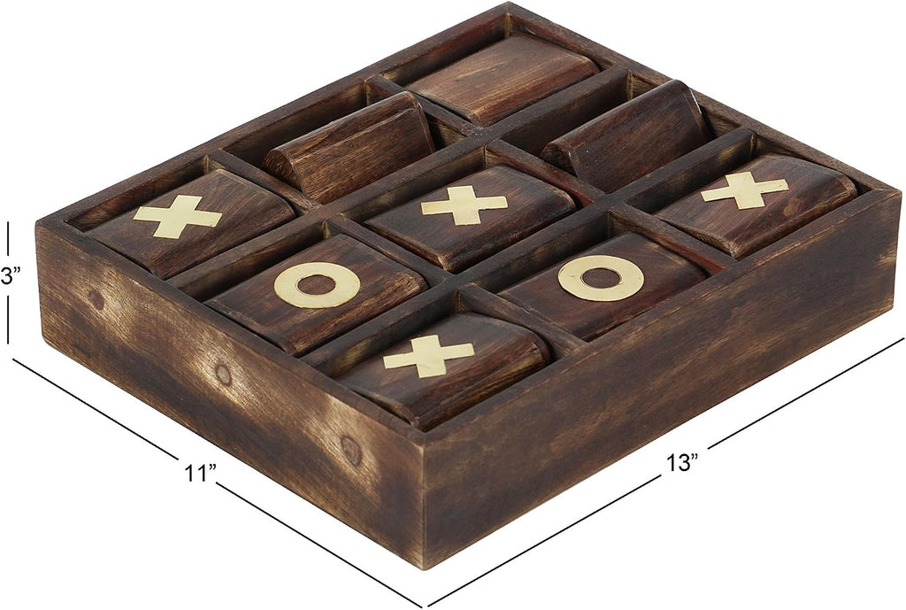 Mango Wood Tic Tac Toe Game Set with Gold Inlay, 11" x 13" x 3", Dark Brown