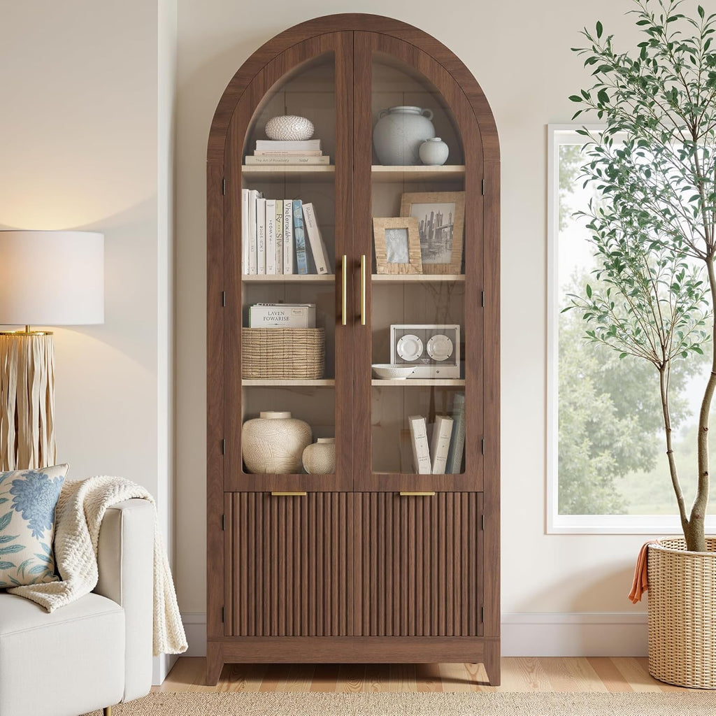 69" Tall Arched Cabinet with Glass Doors, 5-Tier Shlelves, Walnut | Mid Century Modern Fluted Bookcase, Pantry