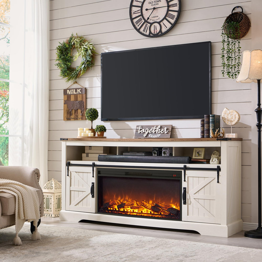 70" Farmhouse TV Stand with 36" Electirc Fireplace, Antique White