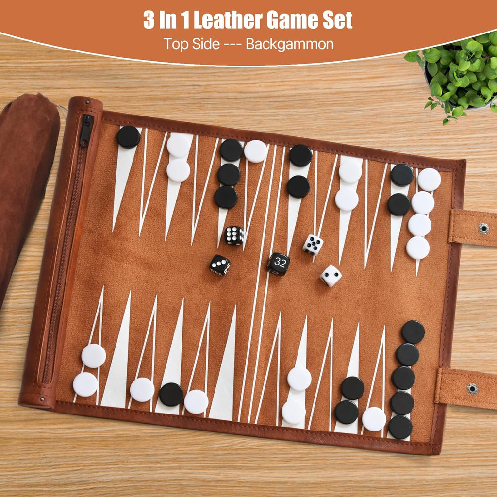 Chess, Checkers, and Backgammon Set 3 in 1 - Roll-up Leather Board Games, Portable and Lightweight with Drawstring