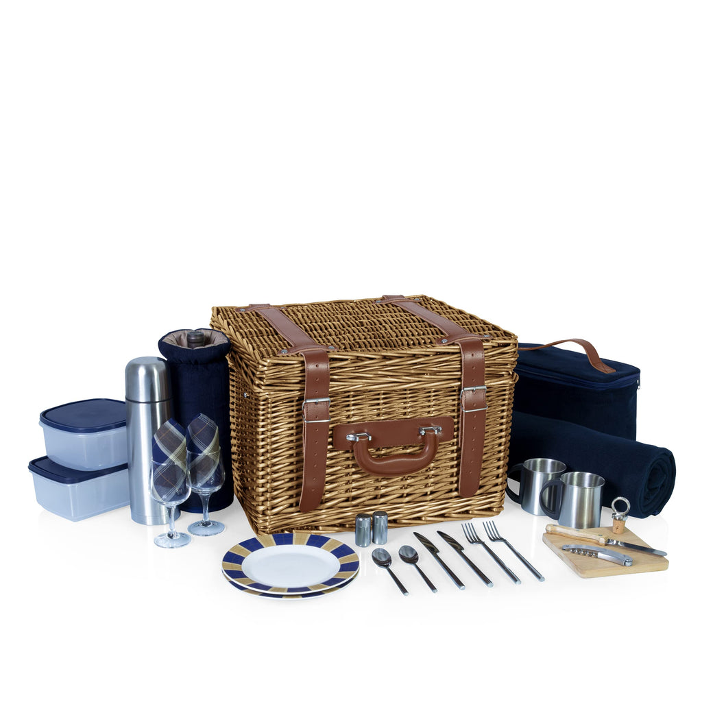 Romantic Canterbury Deluxe Wicker Picnic Basket Set for 2, with Blanket and Soft Cooler, One Size, Navy With Plaid