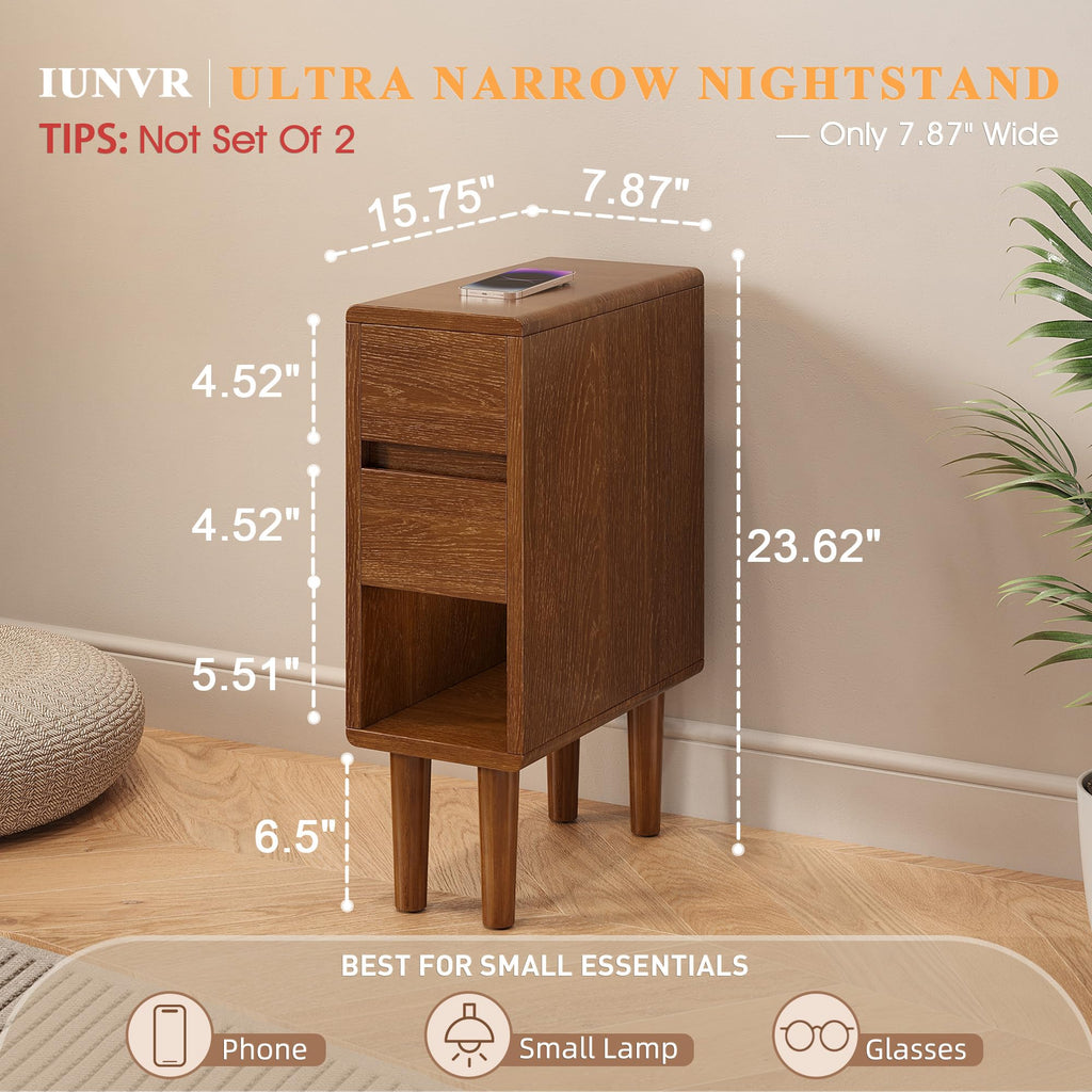 Narrow Nightstand 2 Drawers with Open Shelf Narrow Night Stand Solid Wood Bedside Table Mid Century Modern Nightstand
