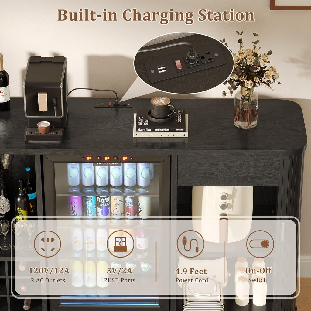 Coffee Bar Cabinet with Fridge Space, Liquor Wine Bar Cabinets with Wine Rack and Glass Holder, Mini Fridge Cabinet
